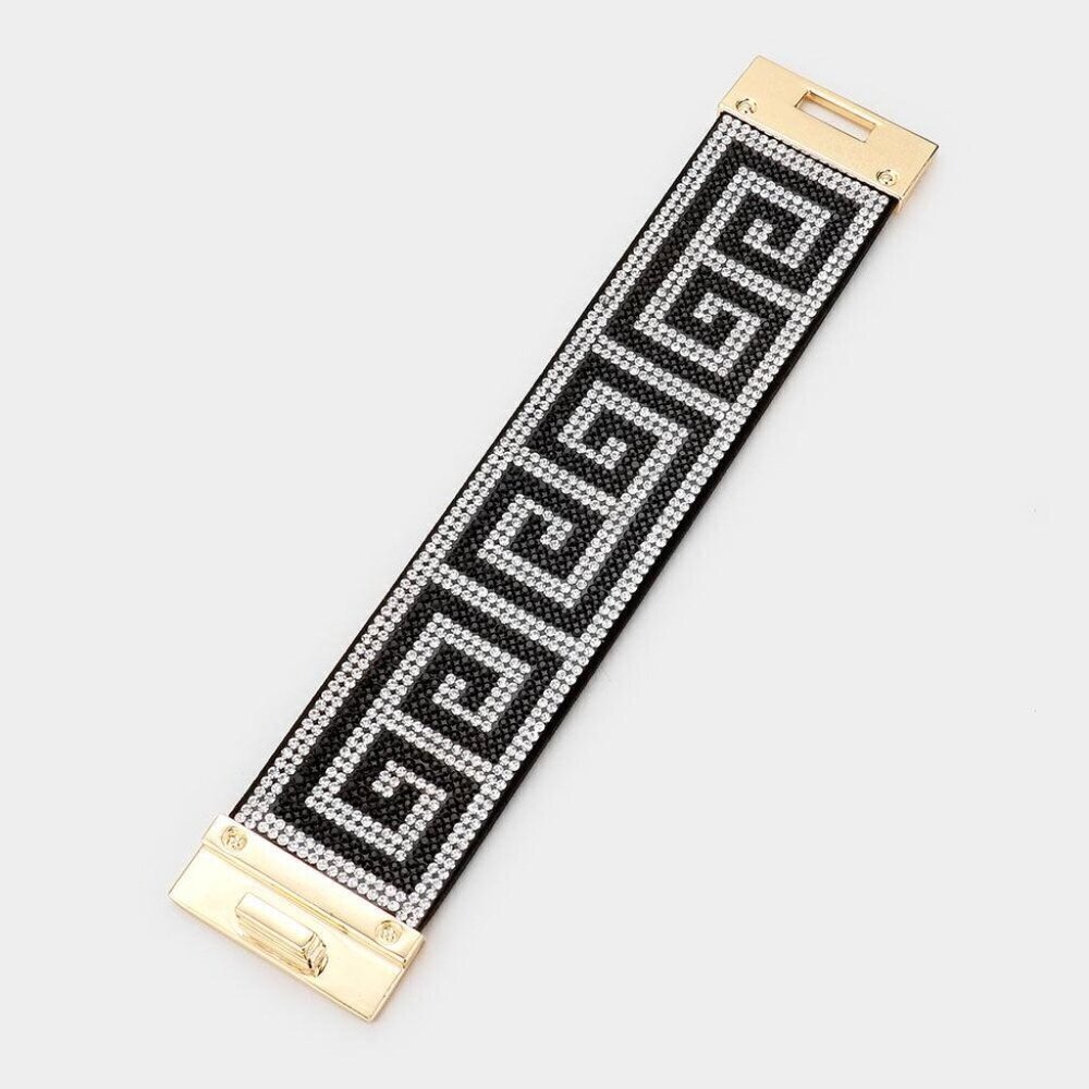 Greek Key Rhinestone Wide Turn Lock Bracelet